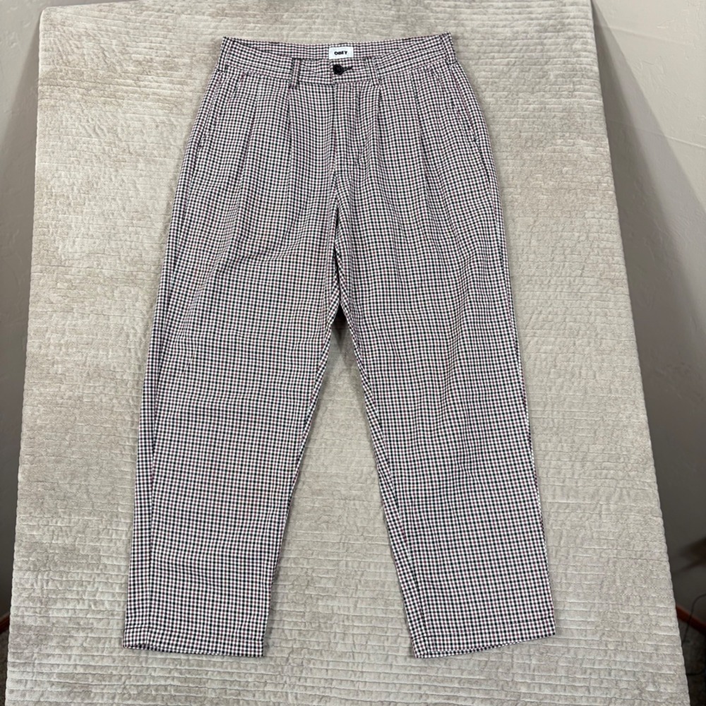 Obey Mens Pleated Tapered Trousers Burgundy Black Houndstooth Size 30